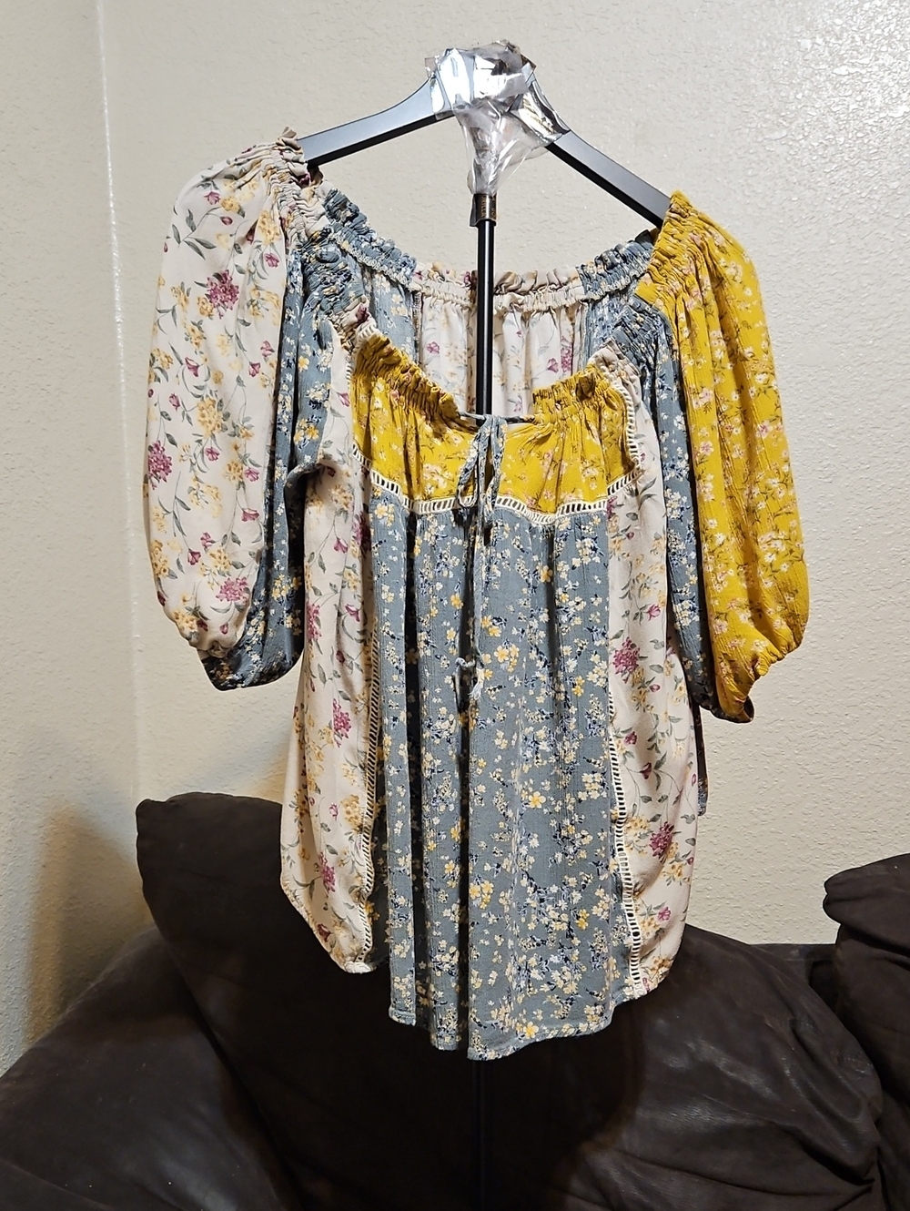 easel Patchwork Floral Off-Shoulder Blouse in Blue, Yellow & Cream